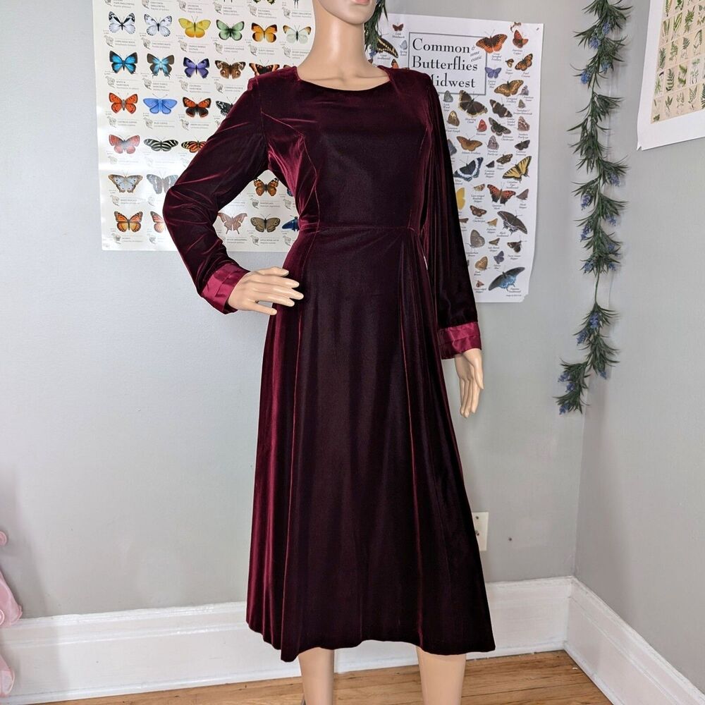 Vintage 1990s Talbots Velvet Dress Midi Babydoll Maroon Satin Whimsigoth Size 8P